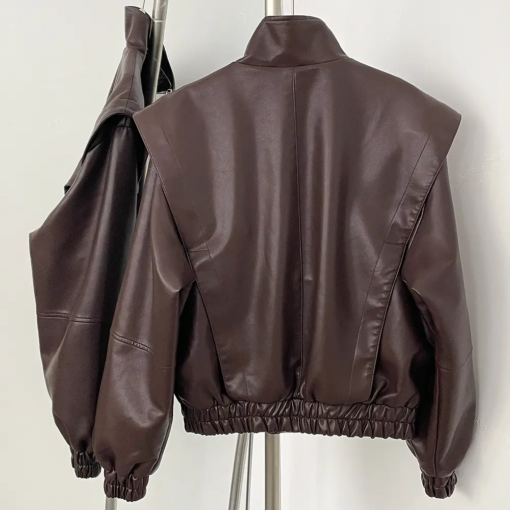 PU Jacket Autumn New Women's Street Fashion Versatile Elastic Hem Stand Up Collar Long Sleeve Imitation Faux Leather Jacket