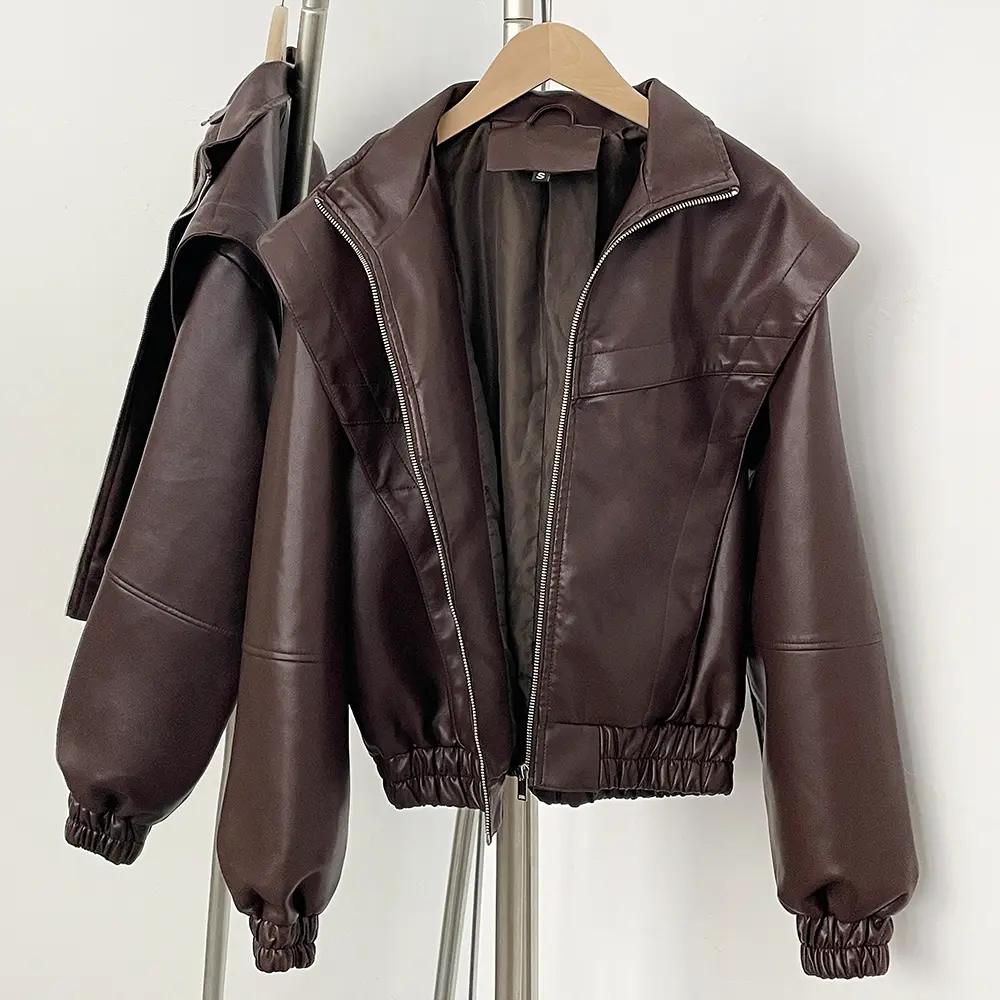 PU Jacket Autumn New Women's Street Fashion Versatile Elastic Hem Stand Up Collar Long Sleeve Imitation Faux Leather Jacket