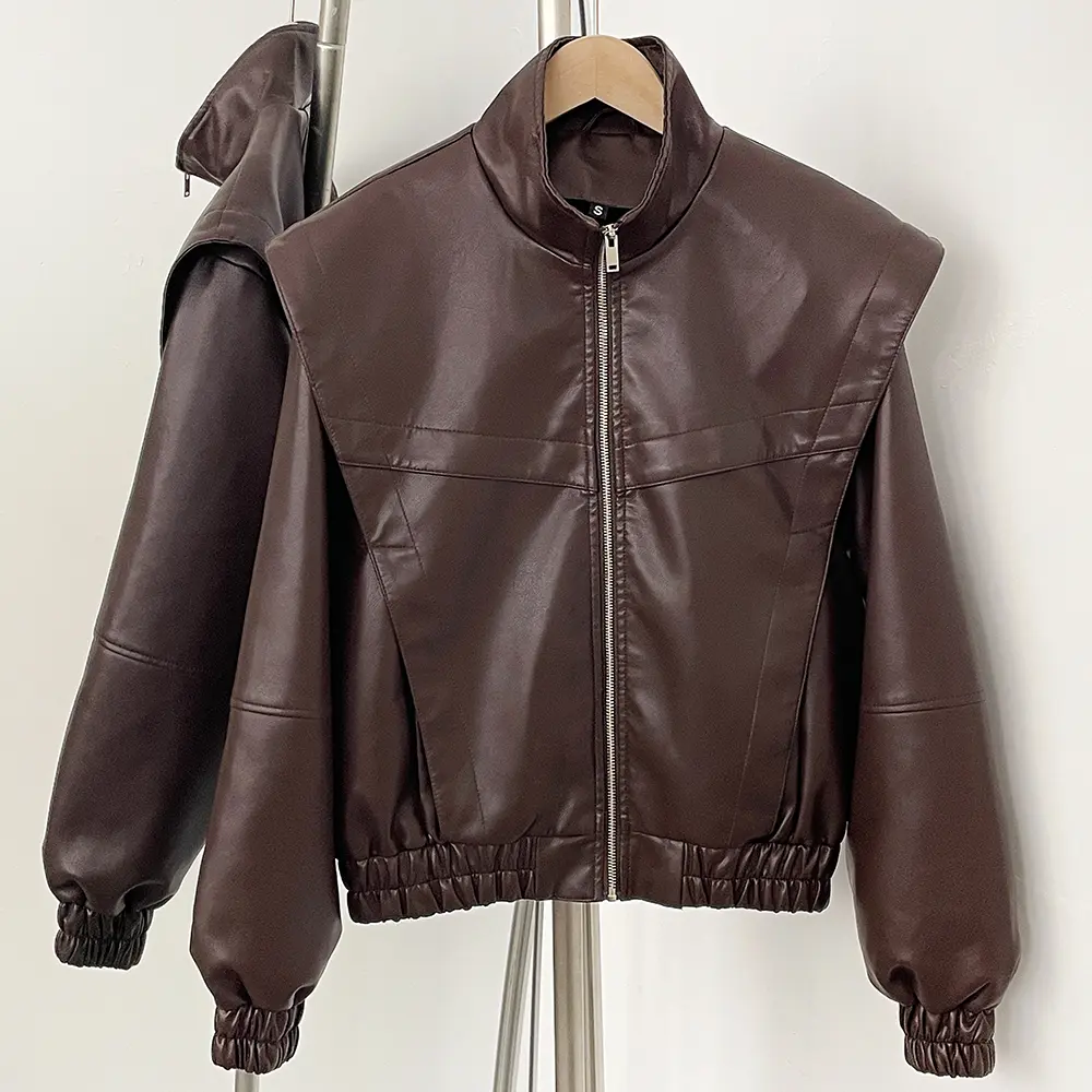 PU Jacket Autumn New Women's Street Fashion Versatile Elastic Hem Stand Up Collar Long Sleeve Imitation Faux Leather Jacket