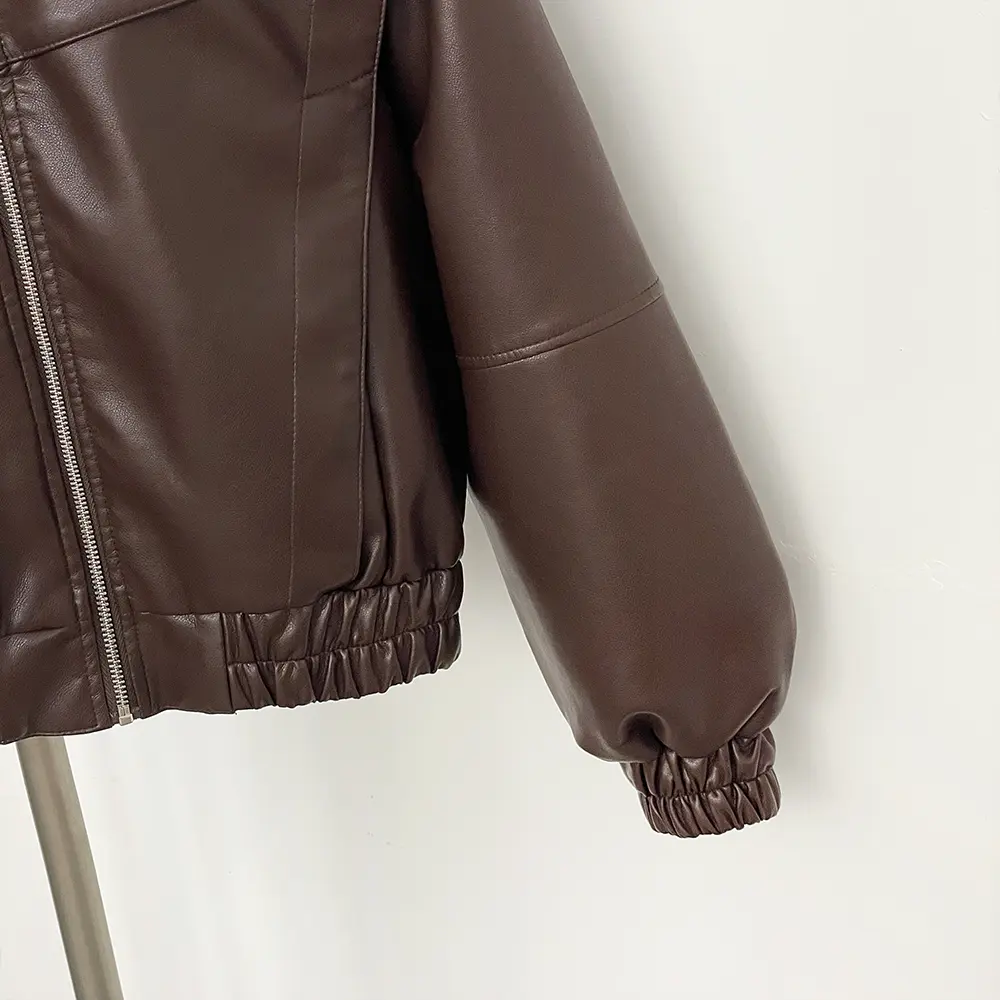 PU Jacket Autumn New Women's Street Fashion Versatile Elastic Hem Stand Up Collar Long Sleeve Imitation Faux Leather Jacket