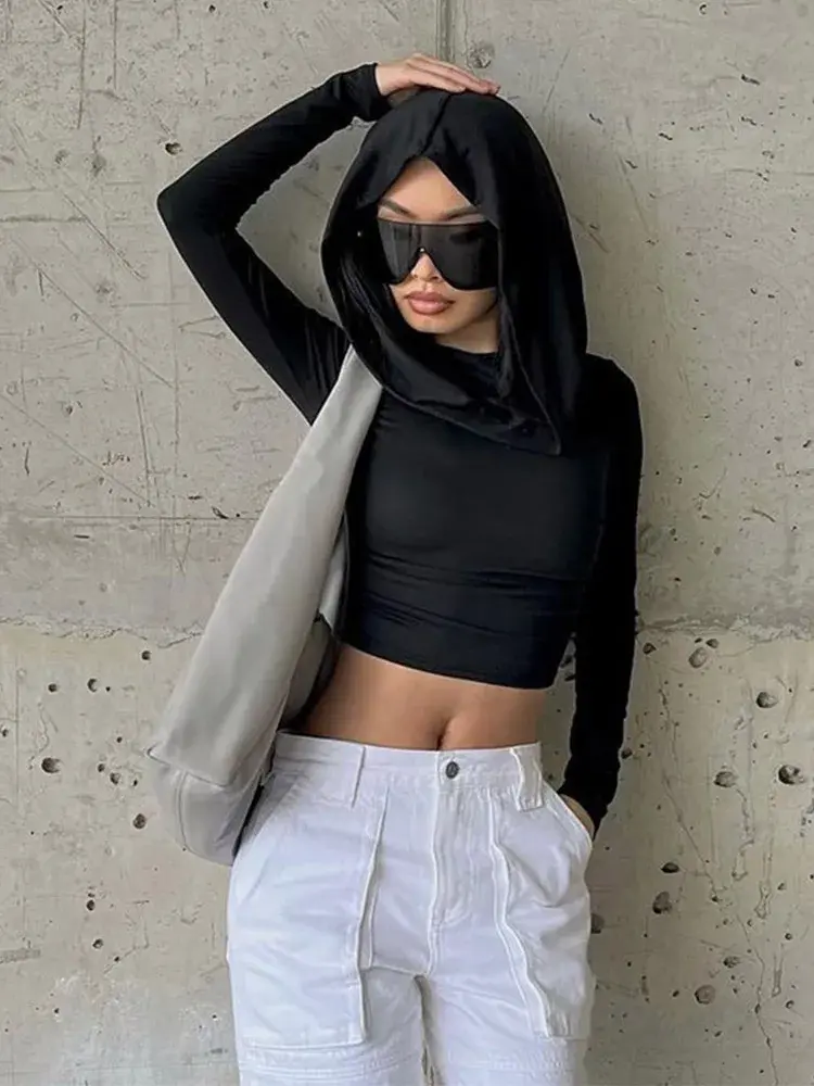 Women's Hooded Crop Tops Autumn Solid Color Long Sleeve Cowl Neck Slim Fit Short T-Shirt Streetwear Sporty Basics Tees