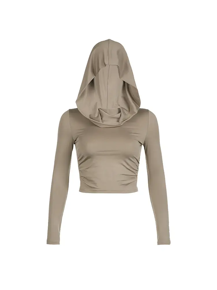 Women's Hooded Crop Tops Autumn Solid Color Long Sleeve Cowl Neck Slim Fit Short T-Shirt Streetwear Sporty Basics Tees