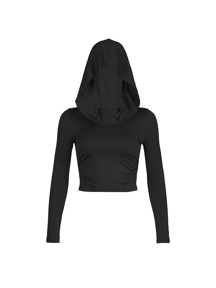 Women's Hooded Crop Tops Autumn Solid Color Long Sleeve Cowl Neck Slim Fit Short T-Shirt Streetwear Sporty Basics Tees