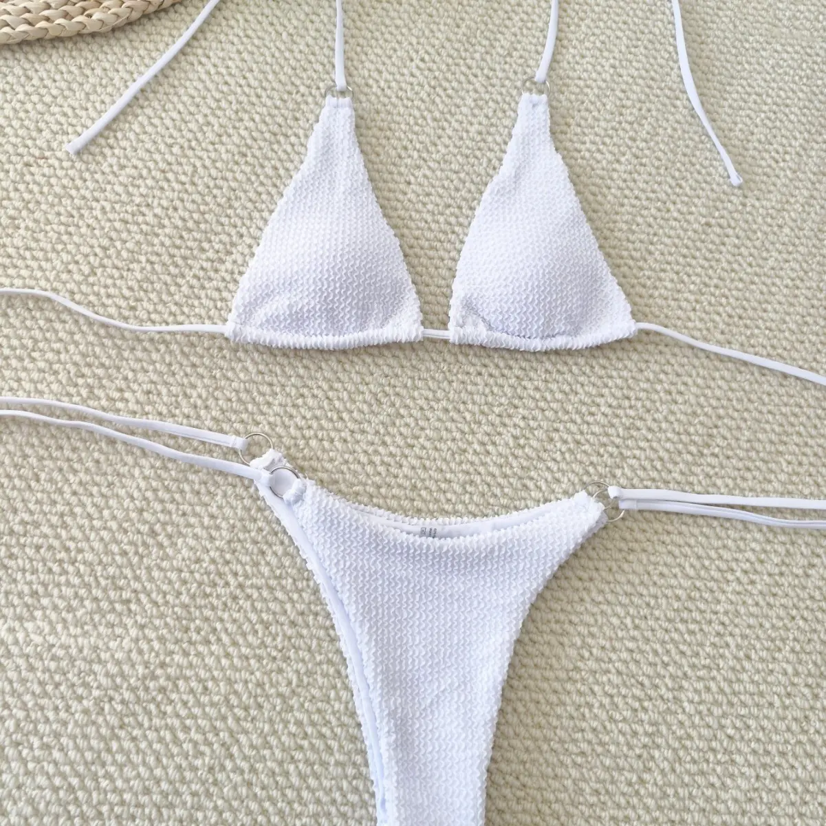 2025 new striped print drawstring lace-up halter neck bikini split swimsuit