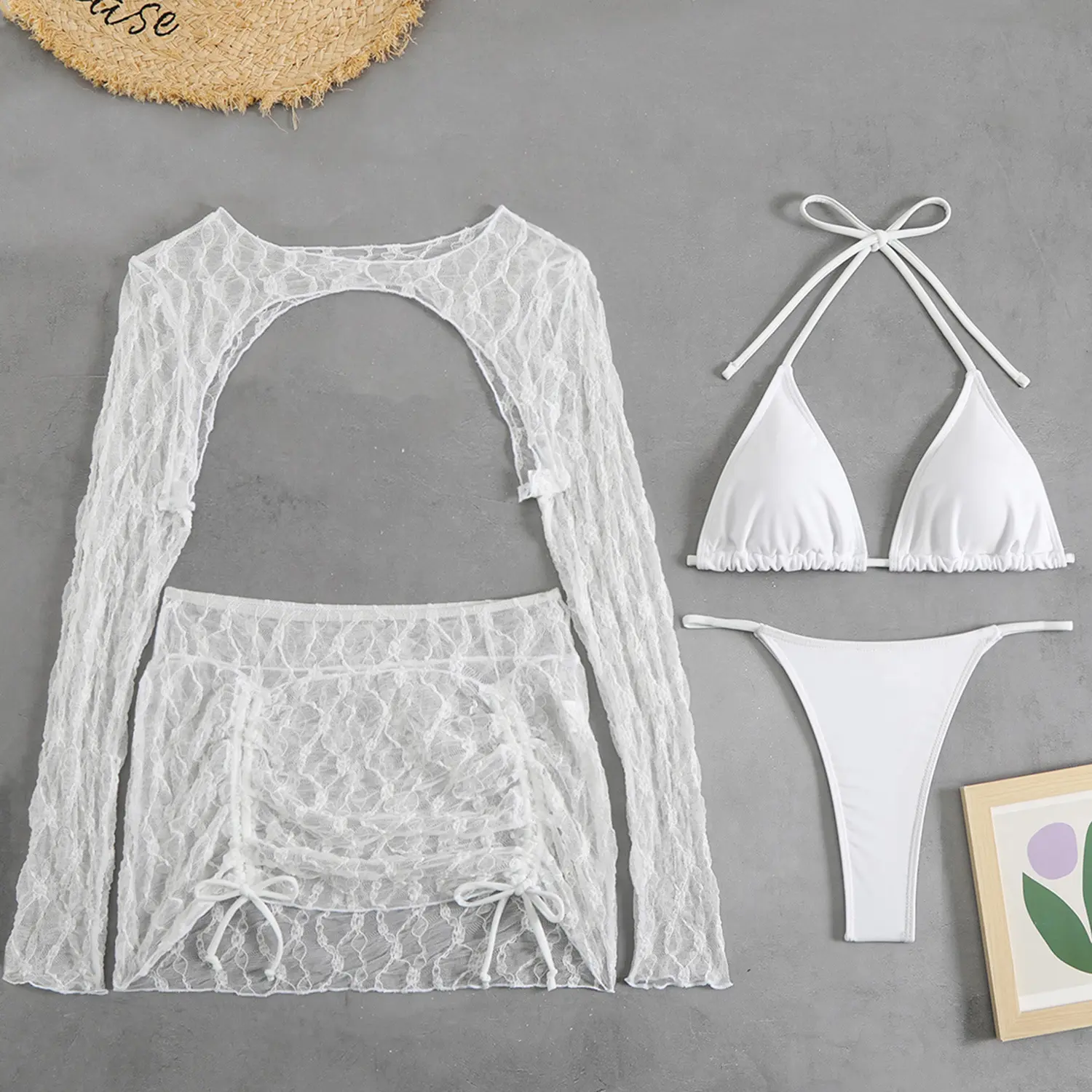 2025 new solid color special mesh four-piece set beach swimsuit bikini beach beach beach swimsuit