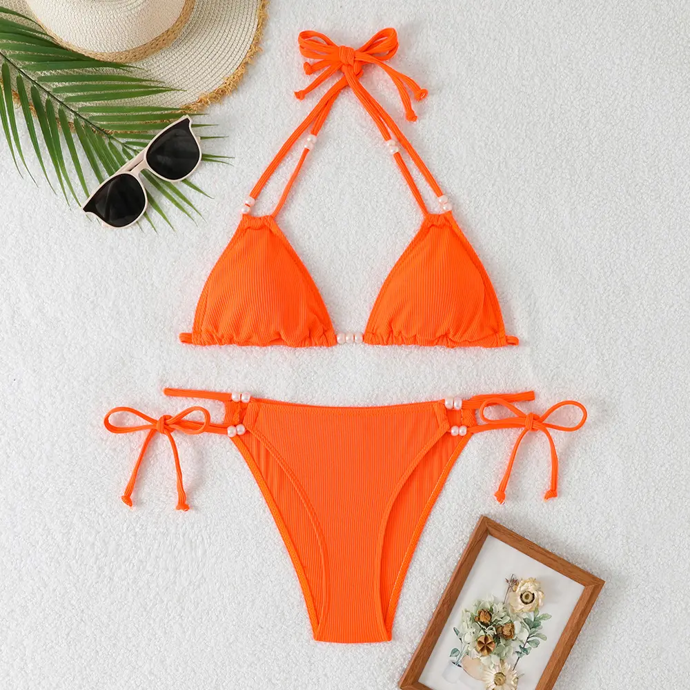 Solid Color Bikini Swimsuit Small Pit Strip Pearl Strap Triple Split Women's Bikini