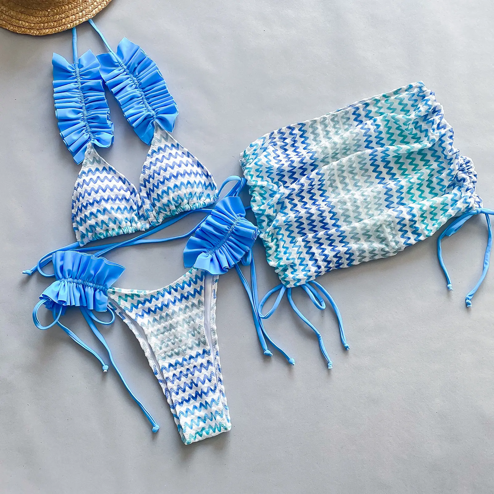 Three-piece set 2025 new bikini women's printed bikini swimsuit beach split swimsuit