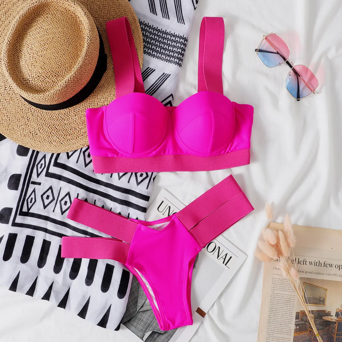 New Swimwear Steel-support Gather-up Women's Bikini Contrast Swimsuit