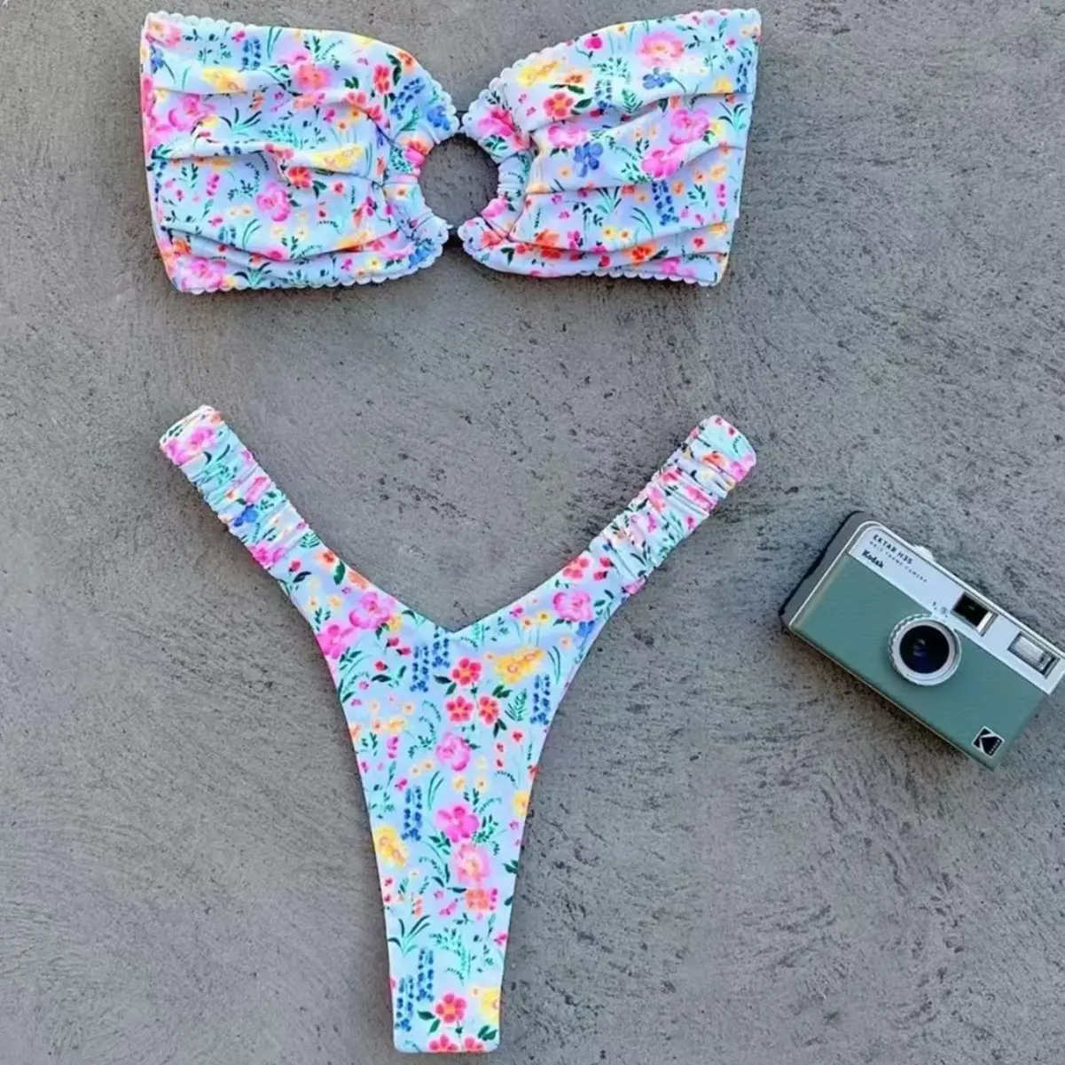 2025 summer new style women's fresh printed ring split swimsuit beach swimsuit