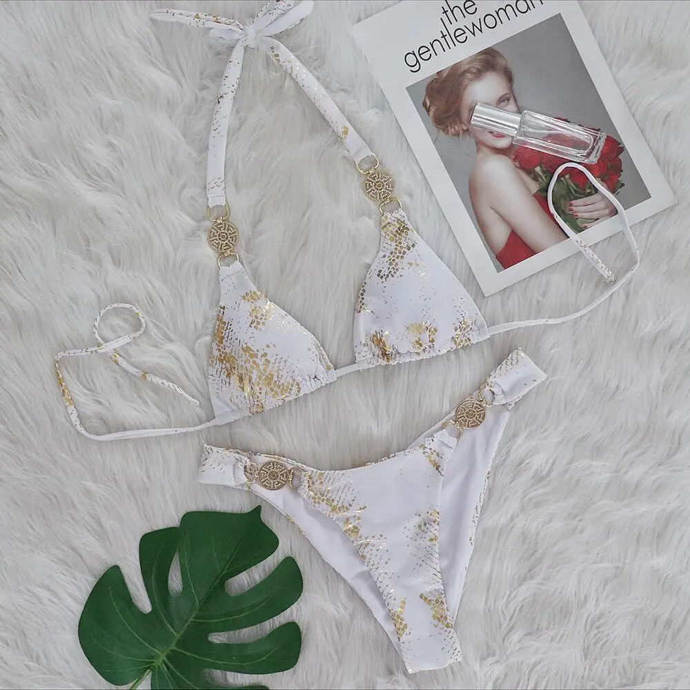 Snake Pattern Bronzing Women Bikini Crystal Diamond Metal Accessories Swimwear