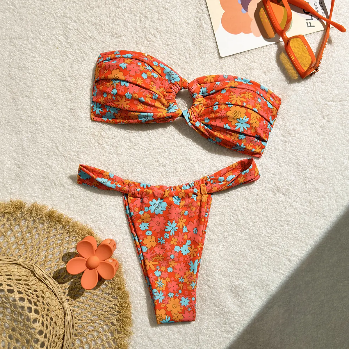2025 summer new style women's fresh printed ring split swimsuit beach swimsuit