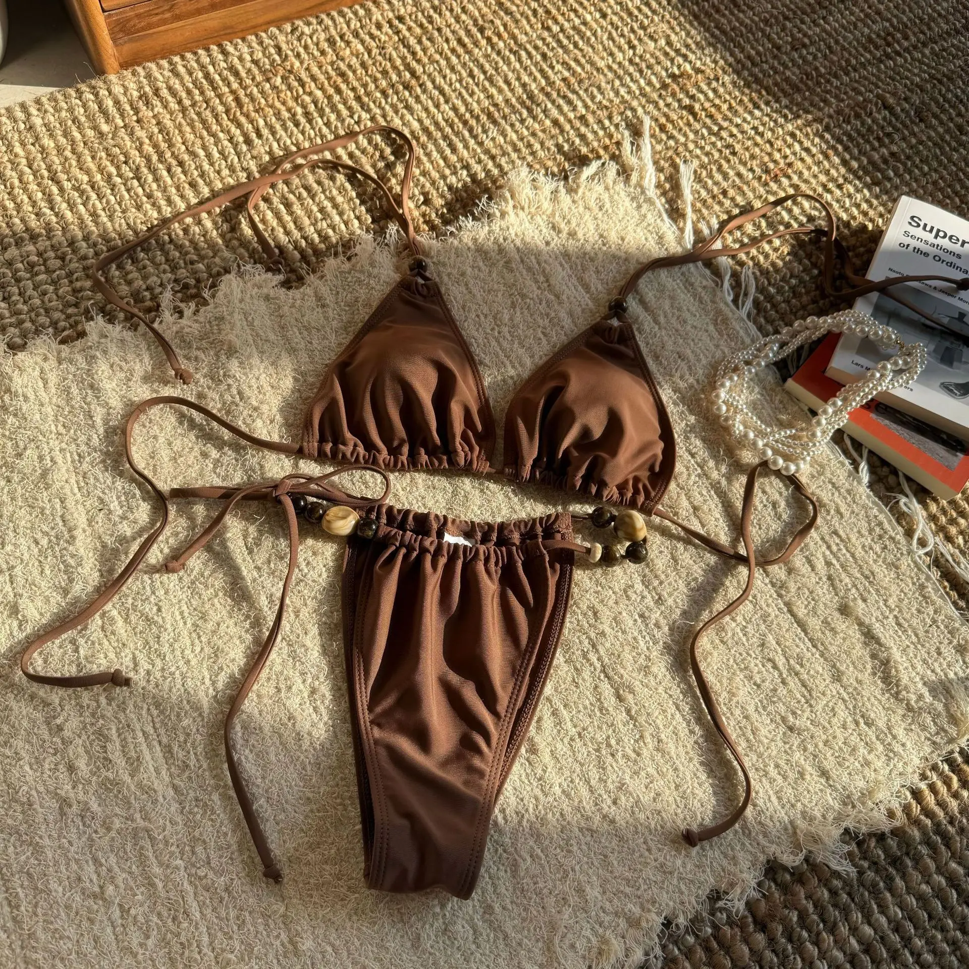 2025 solid color drawstring halter neck bikini beach beach ladies split swimsuit