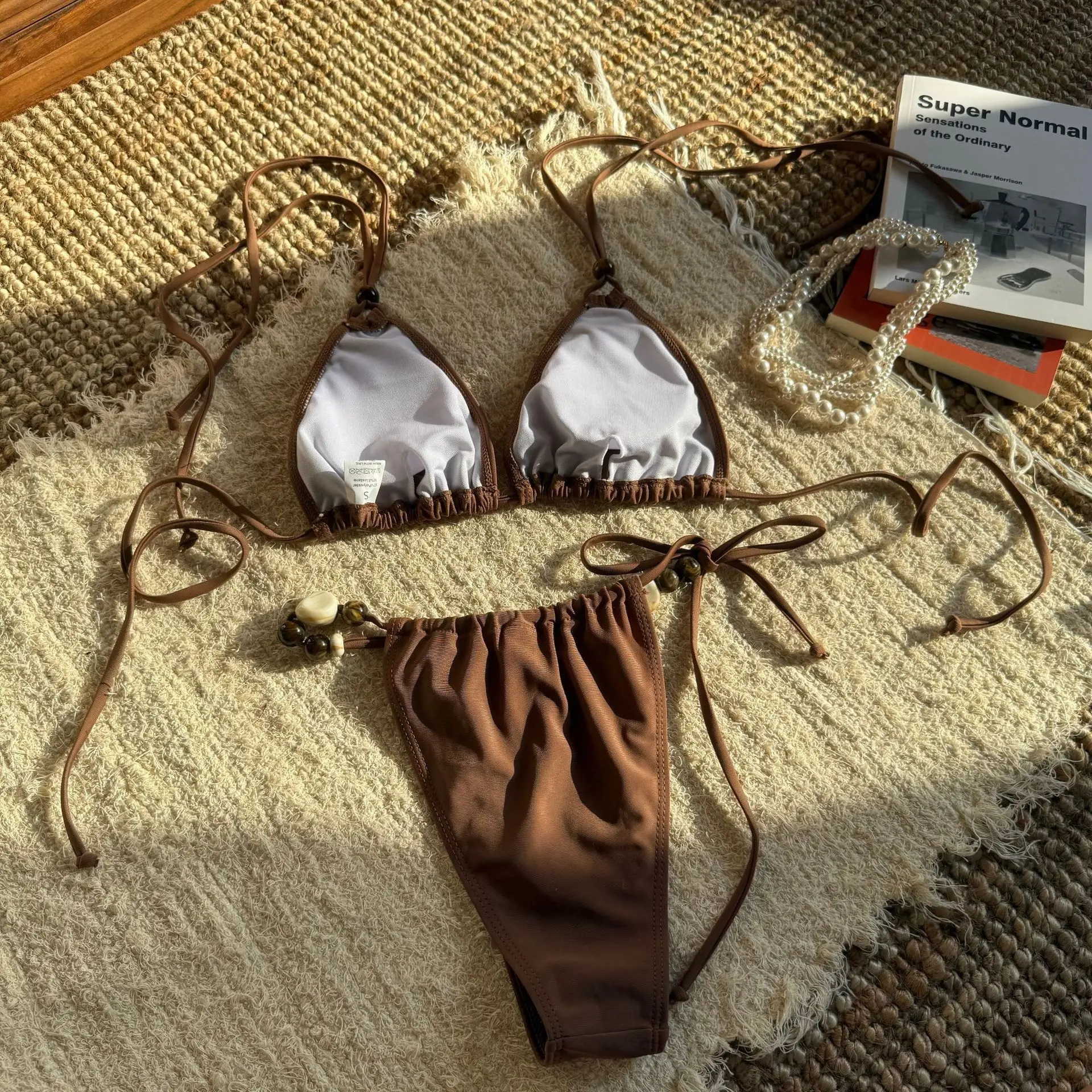 2025 solid color drawstring halter neck bikini beach beach ladies split swimsuit