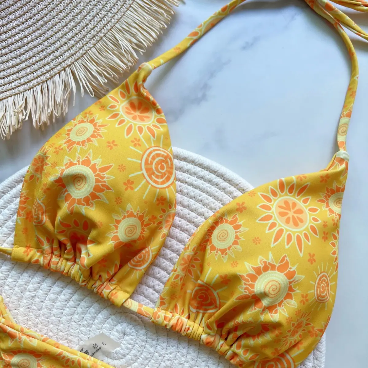 2025 new yellow print women's strap bikini suit low waist lace-up beach beach swimsuit