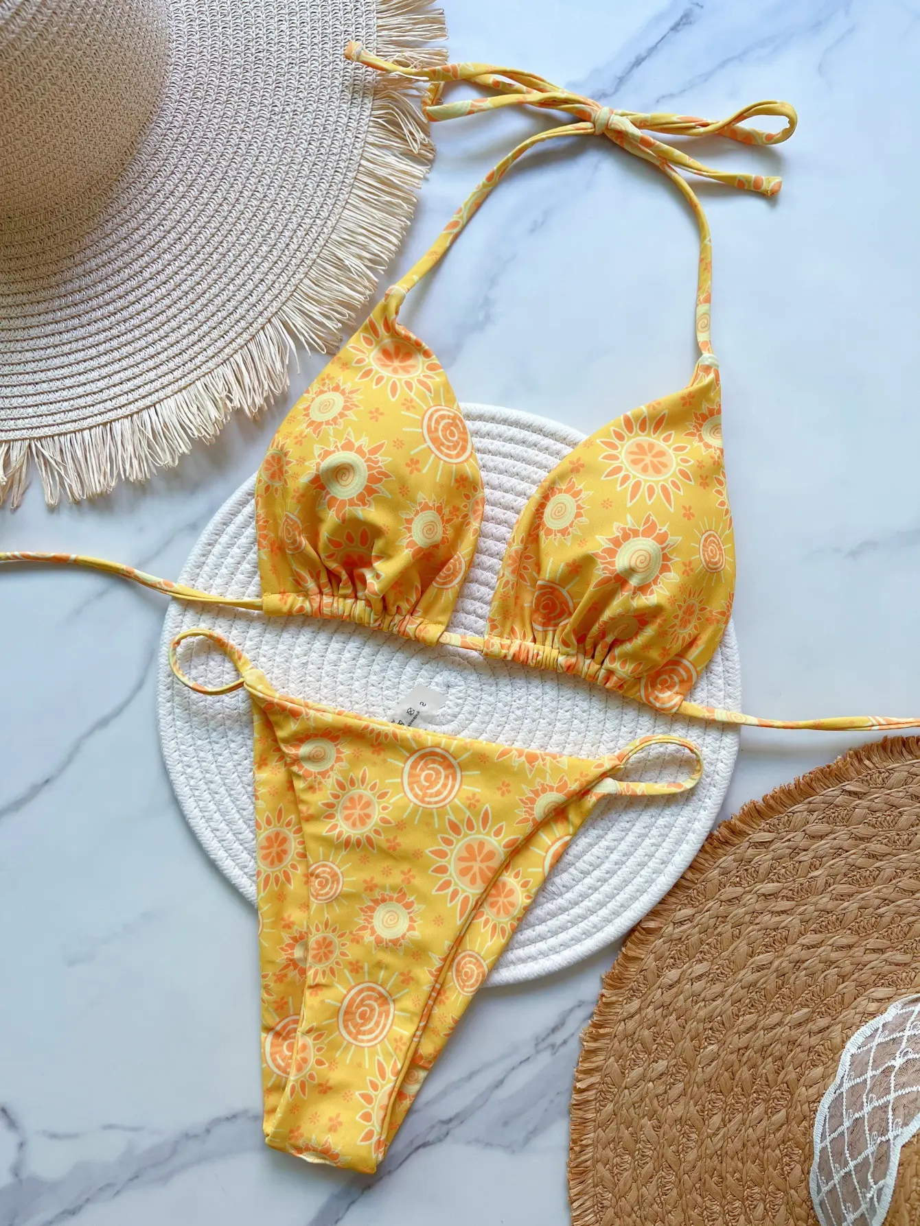 2025 new yellow print women's strap bikini suit low waist lace-up beach beach swimsuit