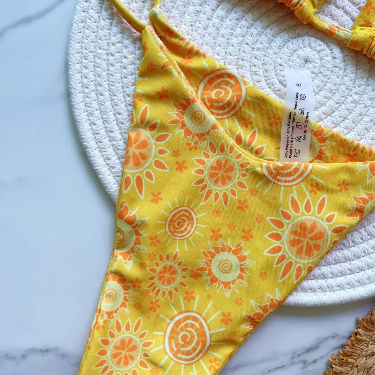 2025 new yellow print women's strap bikini suit low waist lace-up beach beach swimsuit