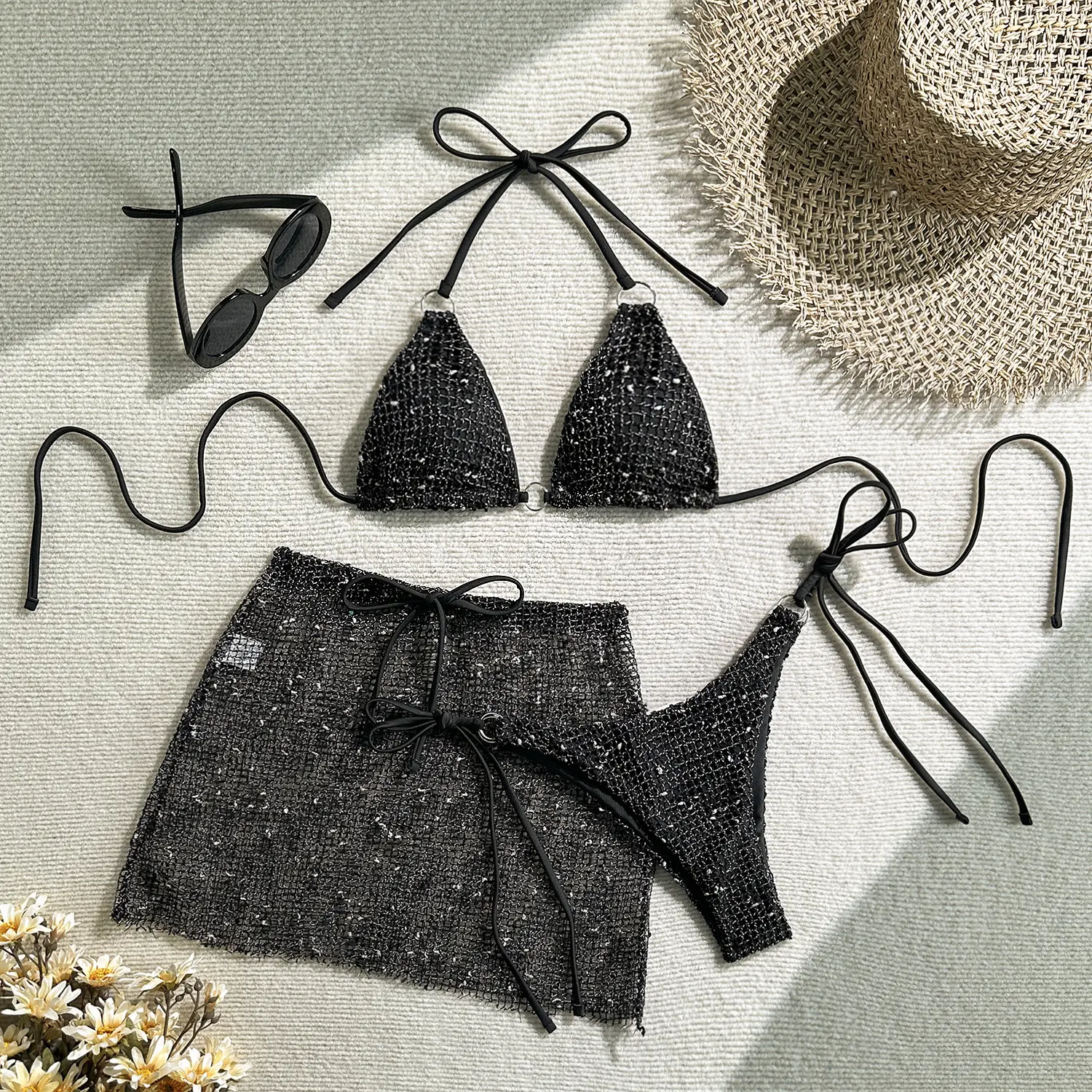 2025 new split mesh three-piece swimsuit strap swimsuit bikini