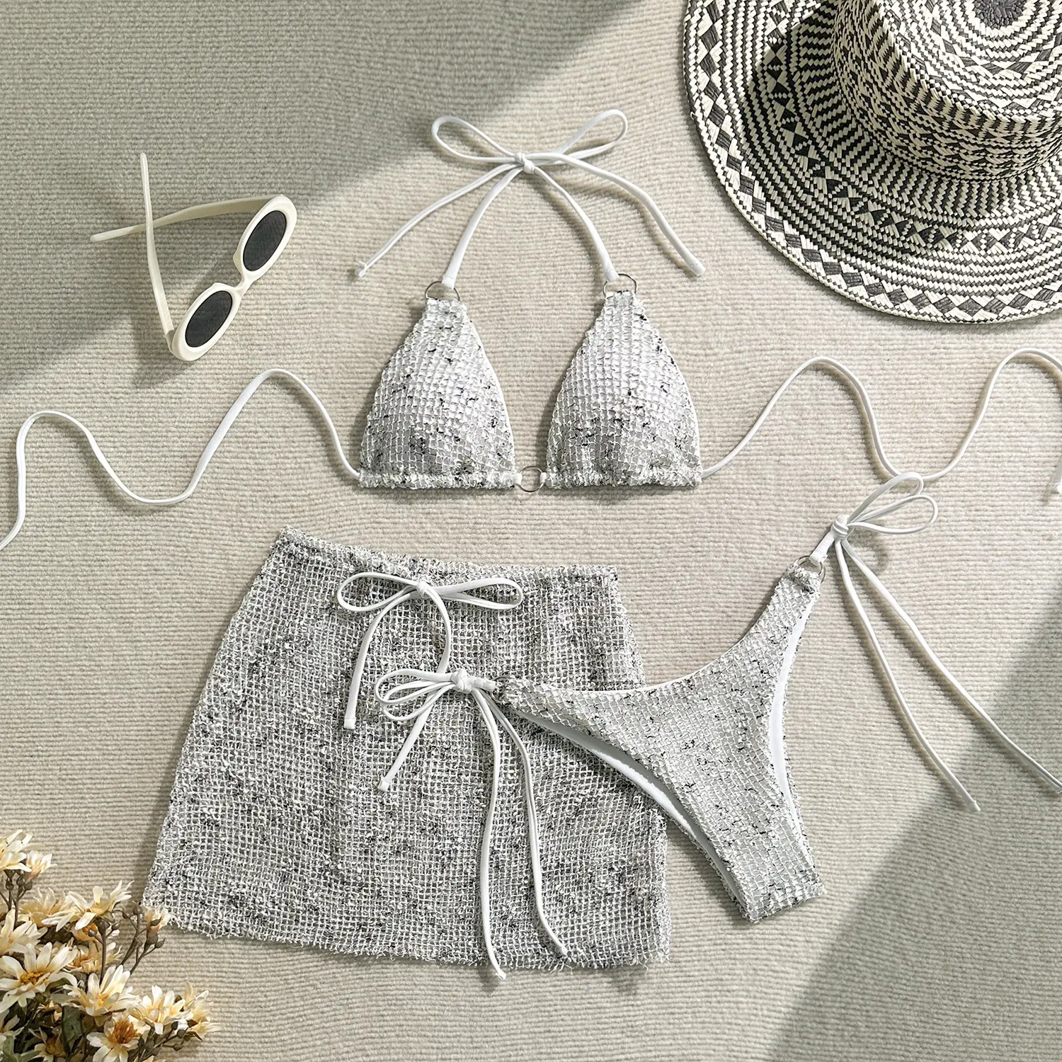 2025 new split mesh three-piece swimsuit strap swimsuit bikini