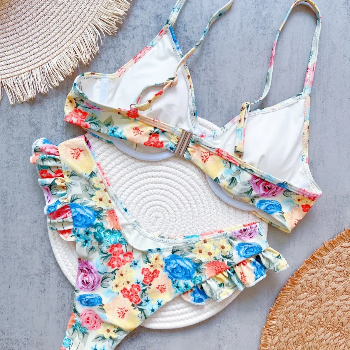2025 new women's printed bikini suit high waist lace-up swimsuit