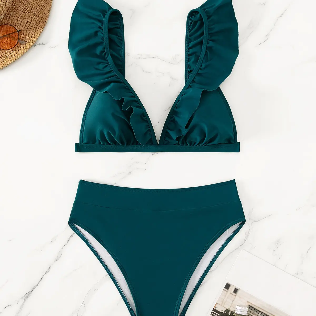 New split solid color bikini swimsuit for women's pleated multi-color swimsuit