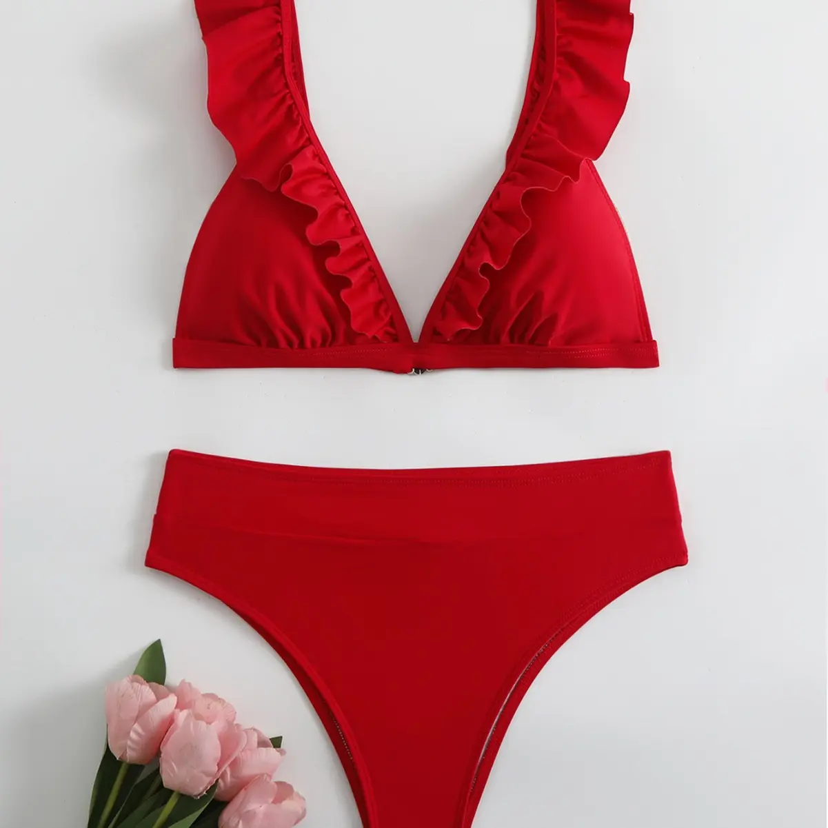 New split solid color bikini swimsuit for women's pleated multi-color swimsuit