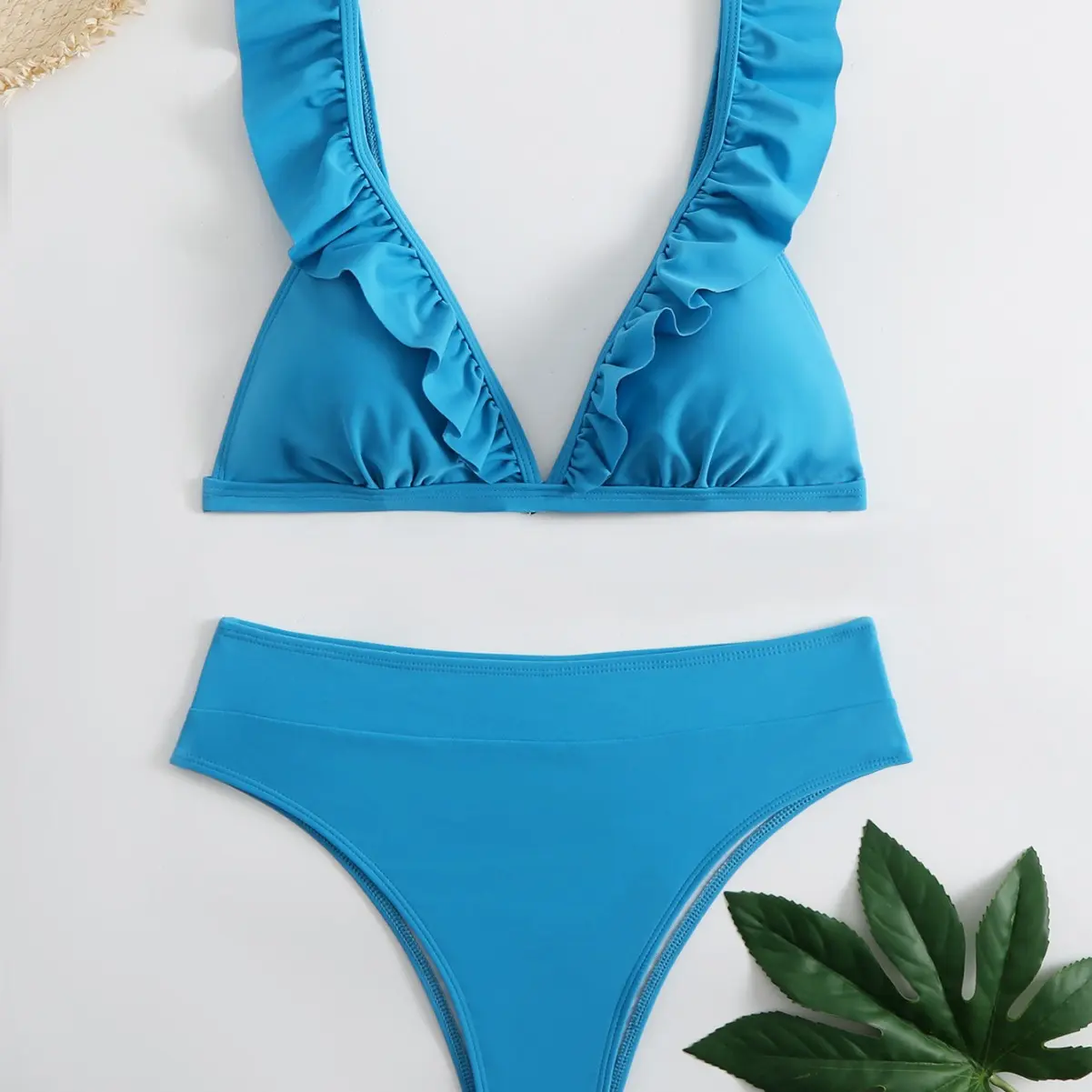 New split solid color bikini swimsuit for women's pleated multi-color swimsuit