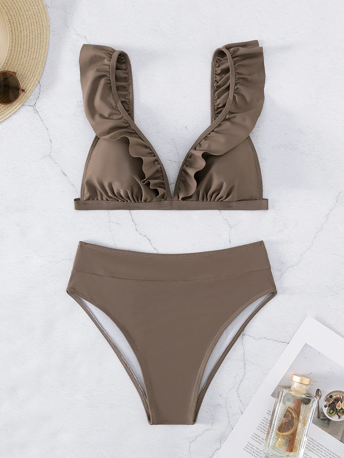 New split solid color bikini swimsuit for women's pleated multi-color swimsuit