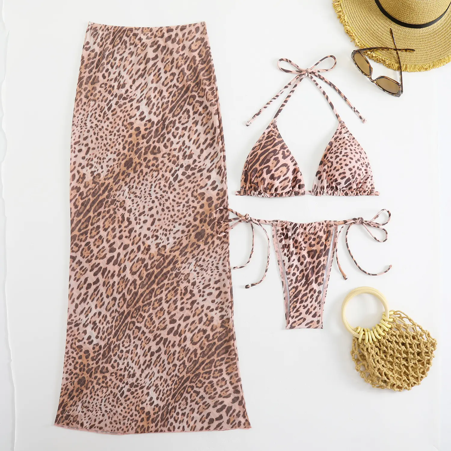 2025 new leopard print mesh long skirt fashionable swimsuit women bikini three-piece swimsuit
