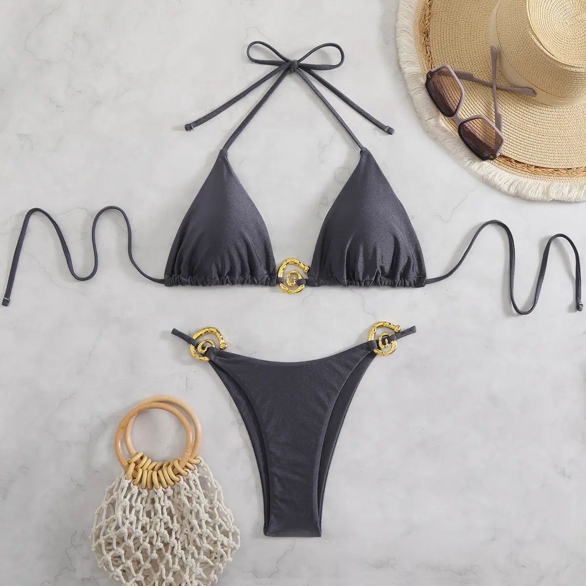 2025 new bikini with metal ring auxiliary conch split swimsuit beach swimsuit