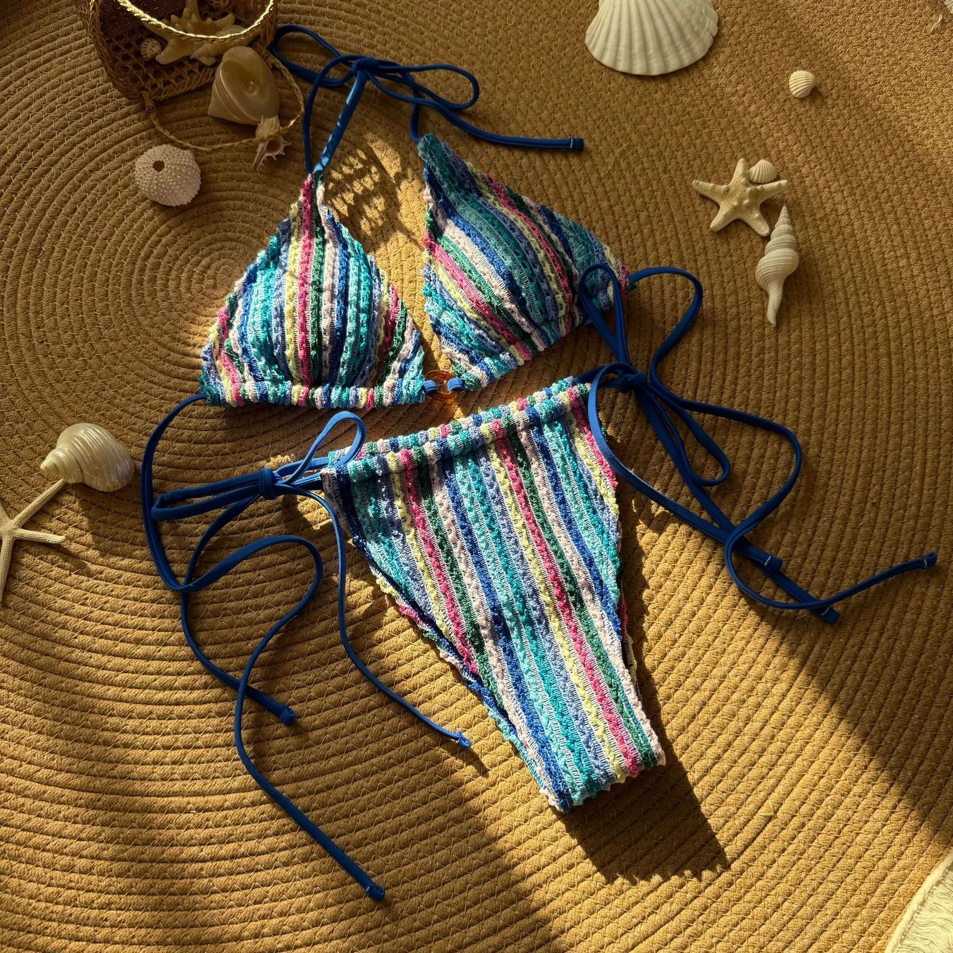 2025 new color-blocked jacquard women's swimsuit drawstring straps beach bikini swimsuit