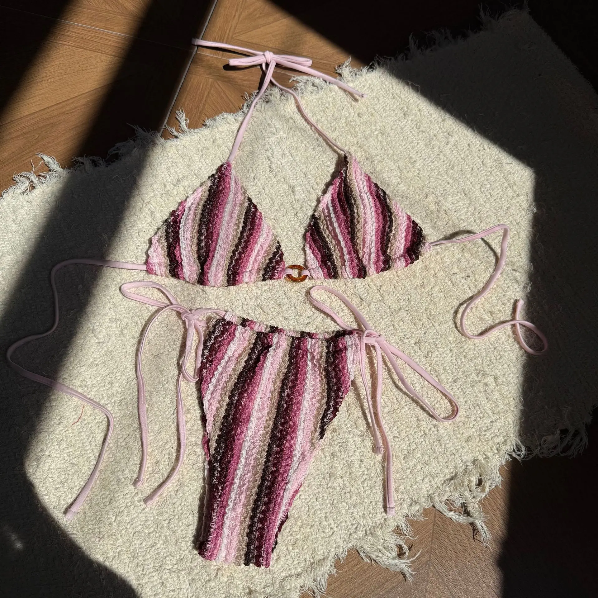 2025 new color-blocked jacquard women's swimsuit drawstring straps beach bikini swimsuit