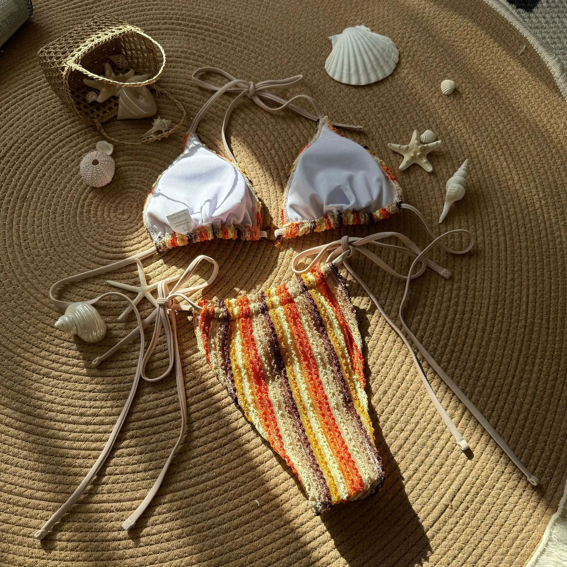 2025 new color-blocked jacquard women's swimsuit drawstring straps beach bikini swimsuit