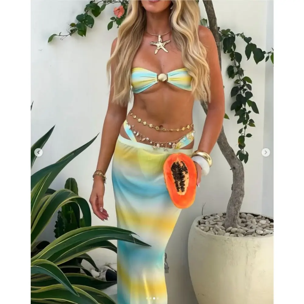 2025 New Women's Split Printed Hot Spring Resort Beach Skirt Set Cross-border