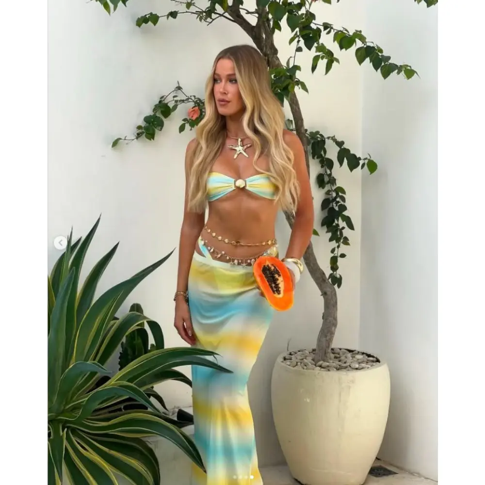 2025 New Women's Split Printed Hot Spring Resort Beach Skirt Set Cross-border