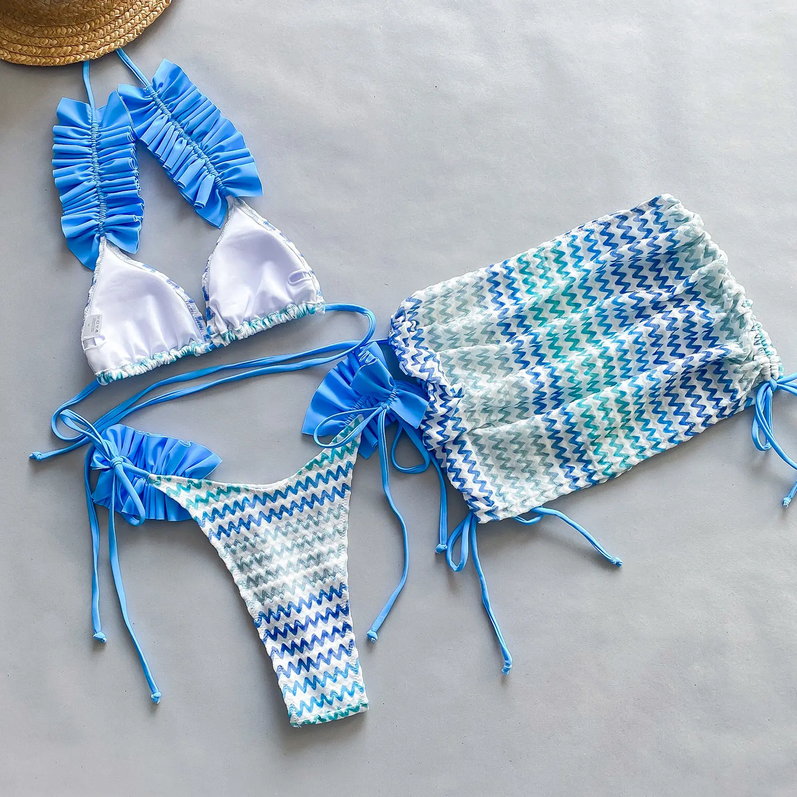 High Quality Three Piece Bikini Women Pleated Split Women Swimsuit