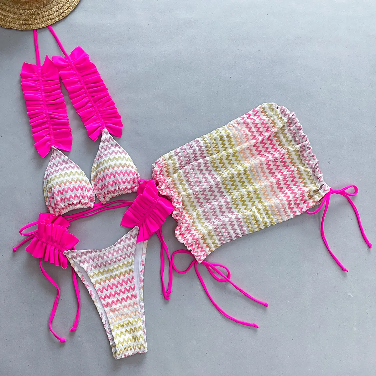 High Quality Three Piece Bikini Women Pleated Split Women Swimsuit