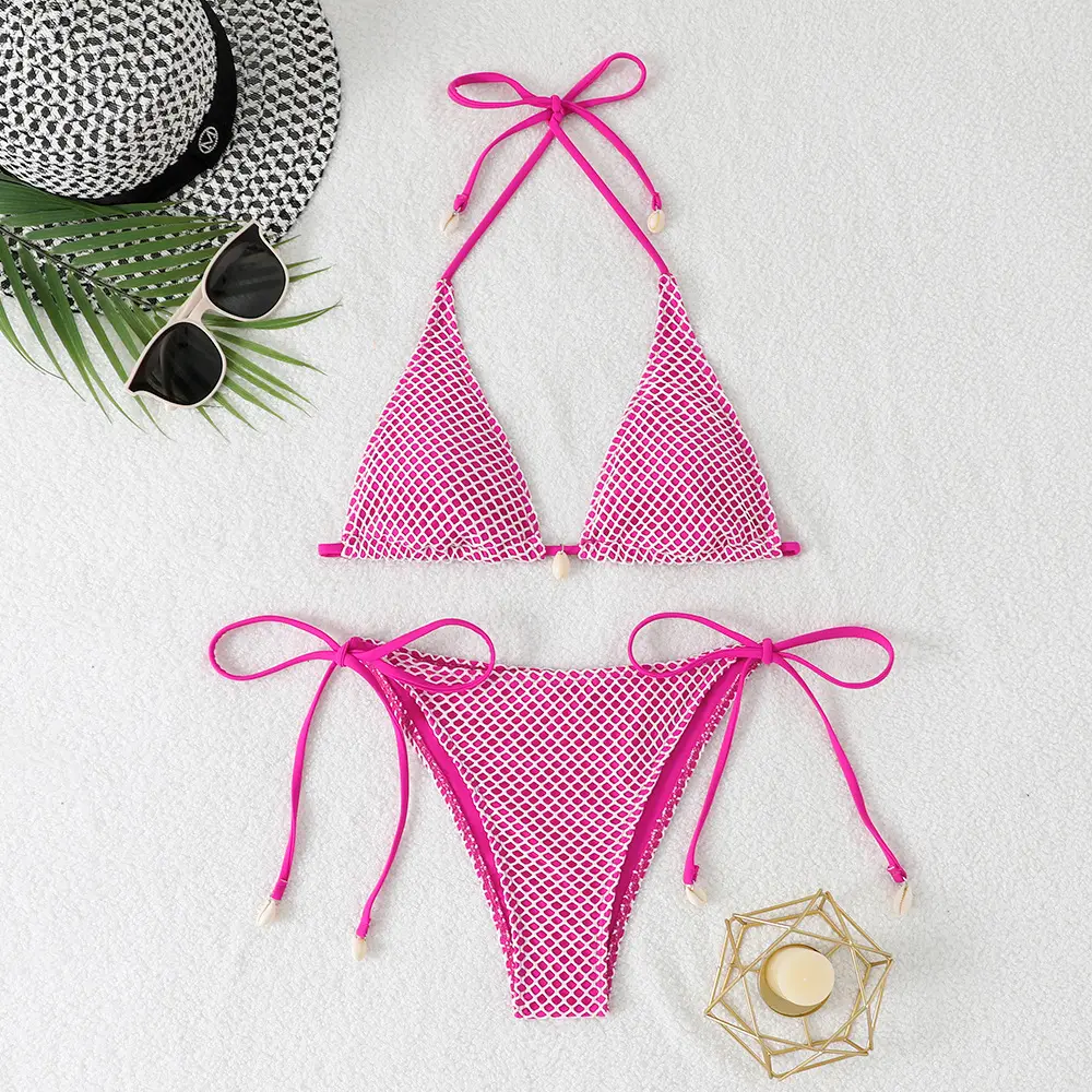 2025 new style mesh sexy strap three-point bikini split women's swimsuit shell decoration