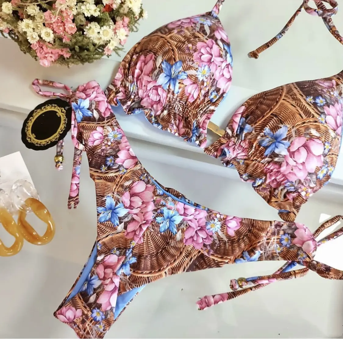 New Swimwear Women's Bikini Print Tassel Strap Swimwear Women Crochet