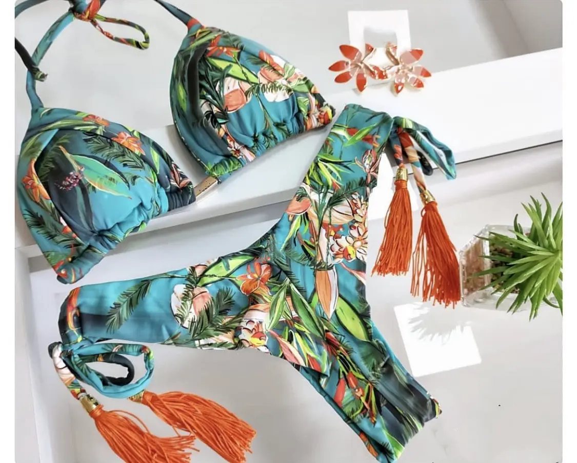 New Swimwear Women's Bikini Print Tassel Strap Swimwear Women Crochet