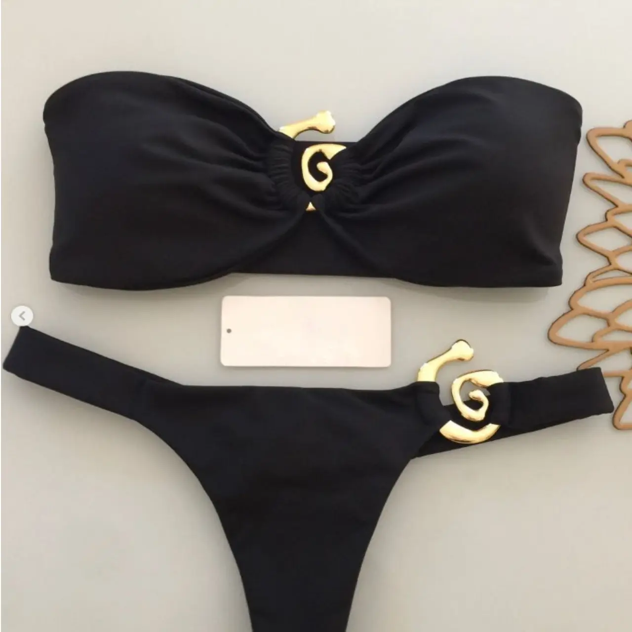 2025 new women's bikini solid color metal jewelry split women's swimsuit