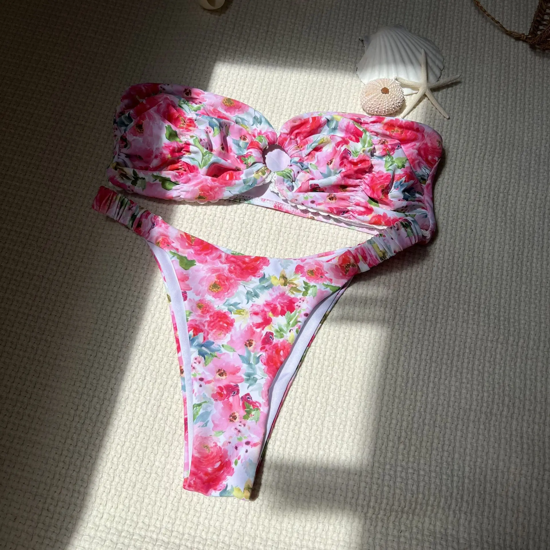 2025 new style floral lace strapless split swimsuit swimsuit bikini beach swimsuit
