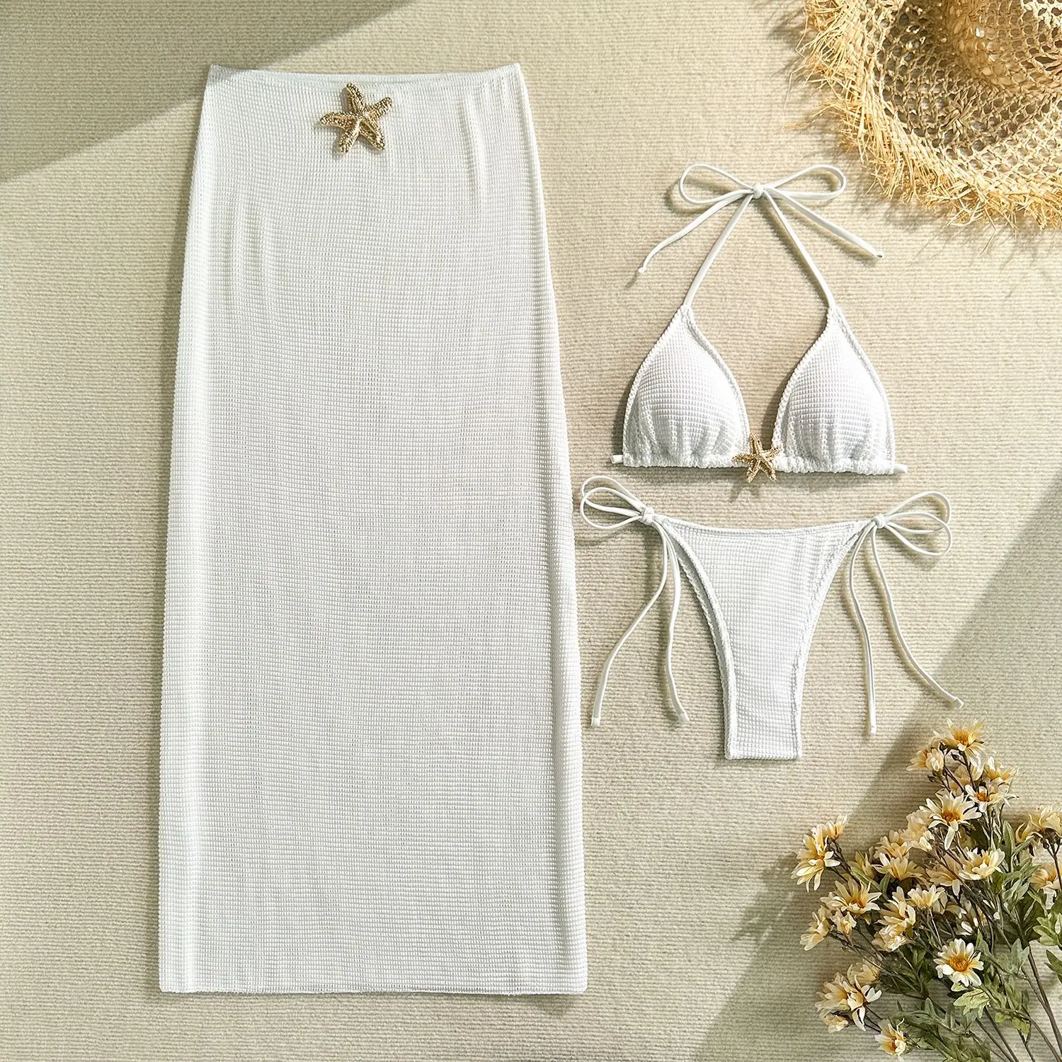 2025 new solid color mesh long skirt split swimsuit swimsuit three-piece set bikini
