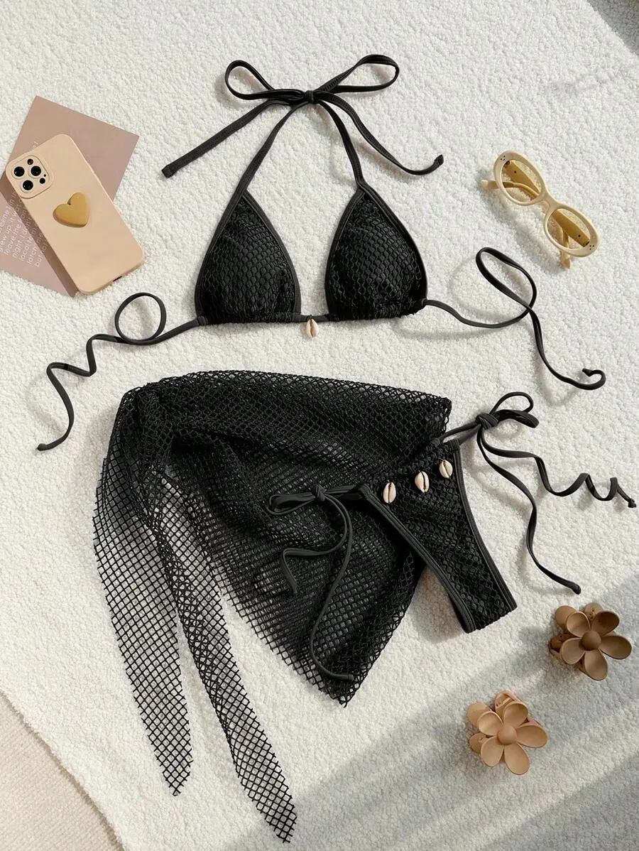 Swimwear Three-piece Beach Holiday Women's Bikini Shell Fishnet Skirt Three-piece Set