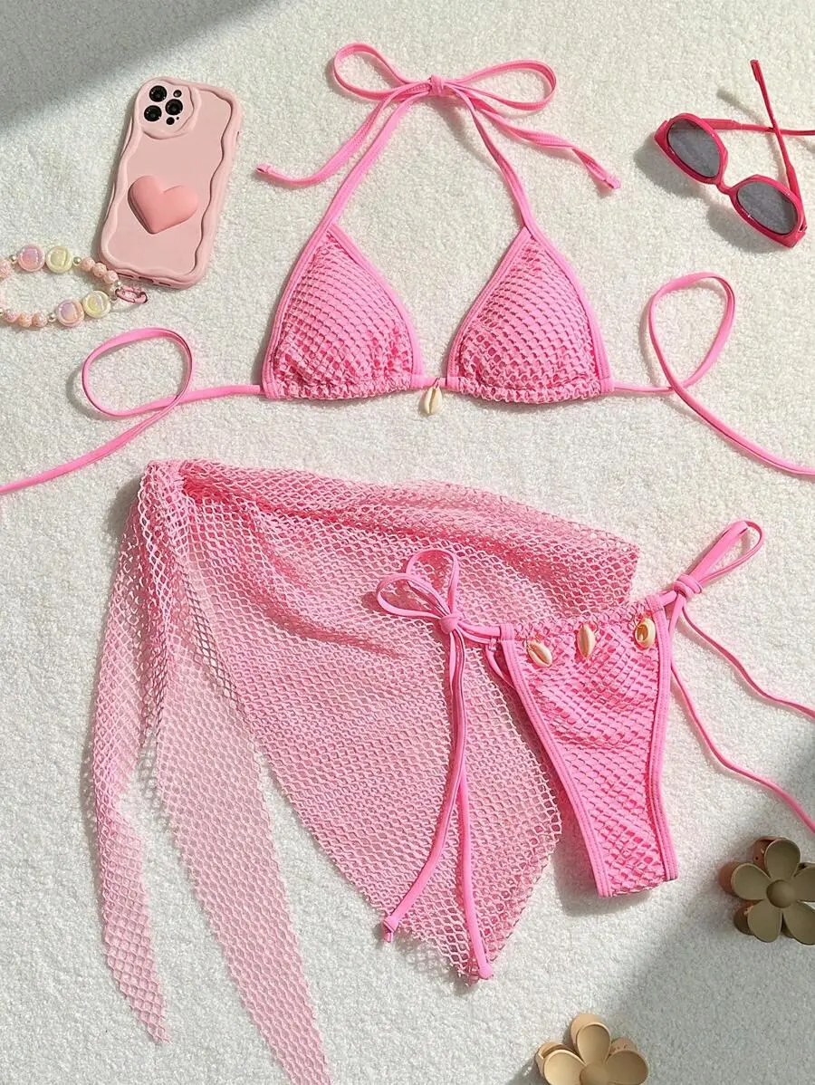 Swimwear Three-piece Beach Holiday Women's Bikini Shell Fishnet Skirt Three-piece Set
