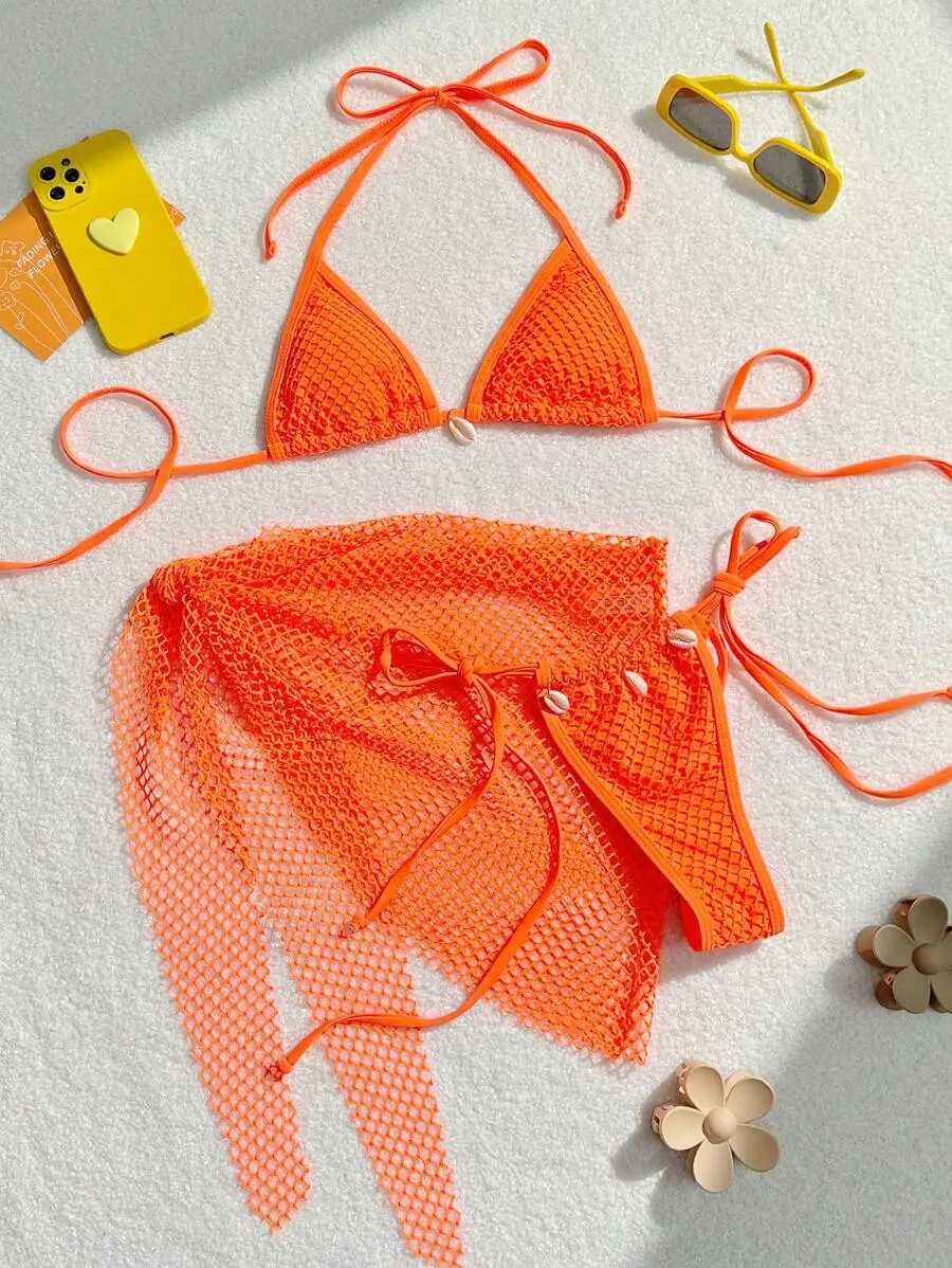 Swimwear Three-piece Beach Holiday Women's Bikini Shell Fishnet Skirt Three-piece Set