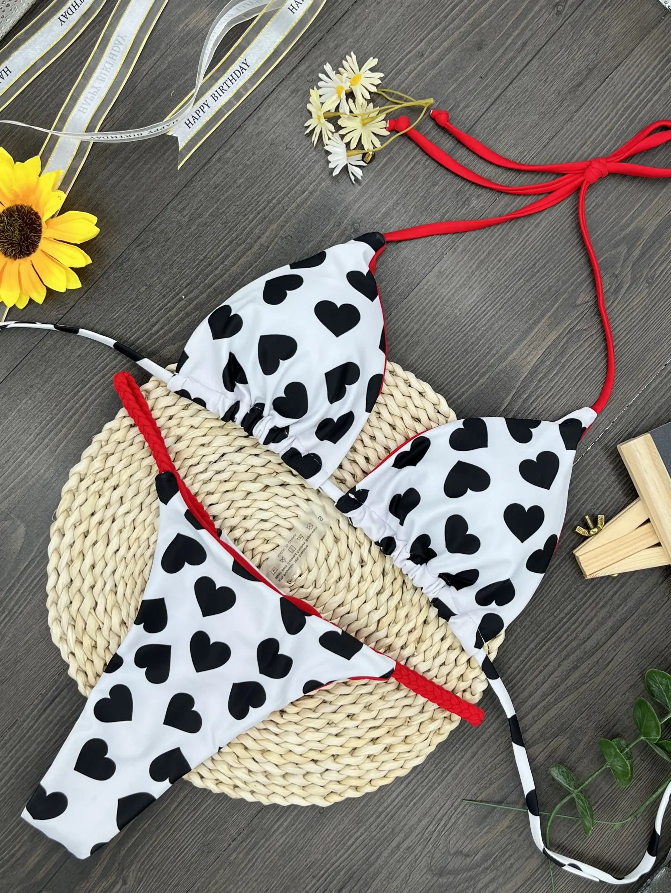 2024 New Bikini Love Print Sexy Backless Split Swimsuit