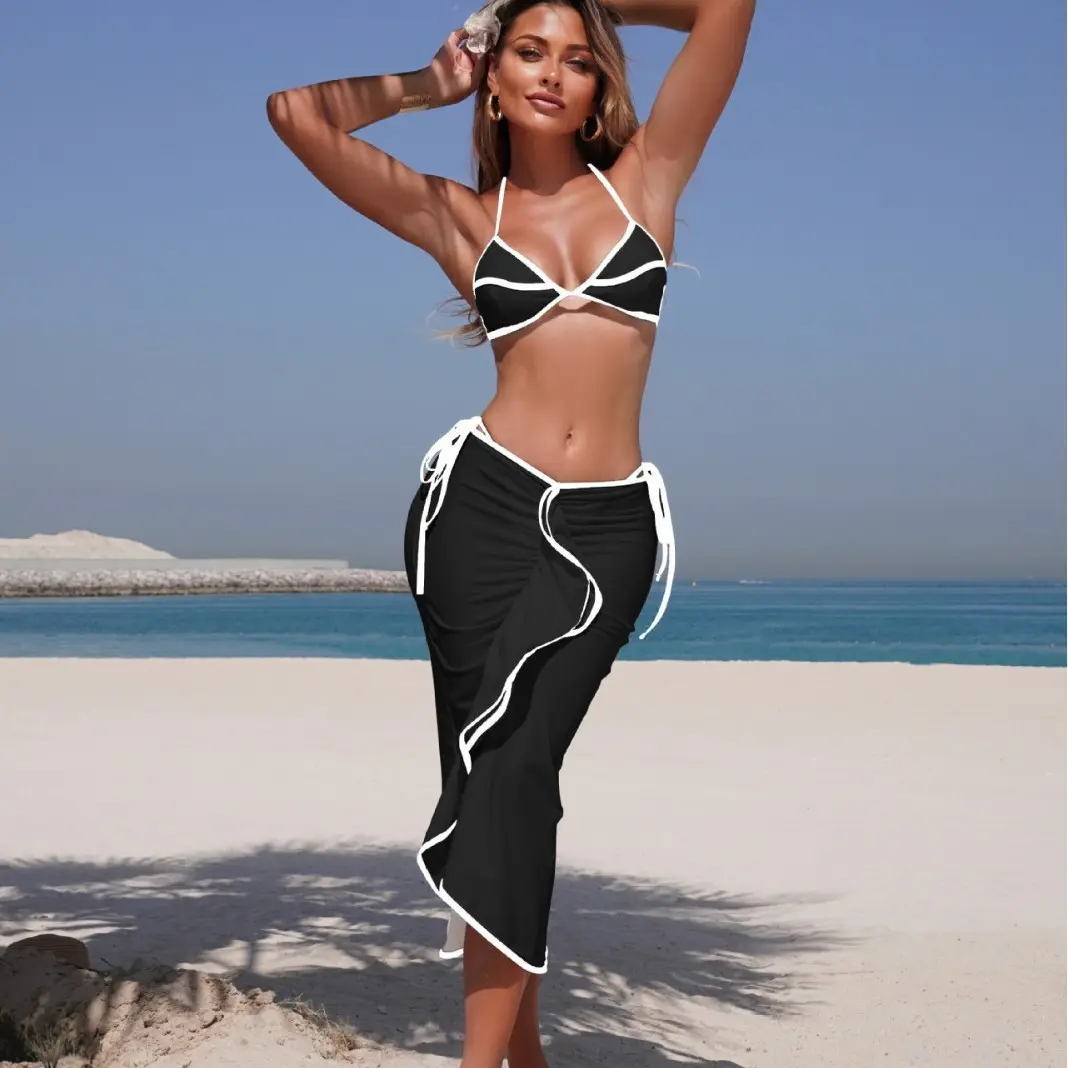 2025 new solid color fashion split three-piece swimsuit women's long skirt bikini