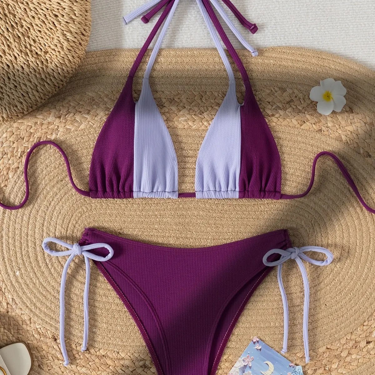 2025 new women's halter neck tie split bikini summer drawstring hot spring swimsuit