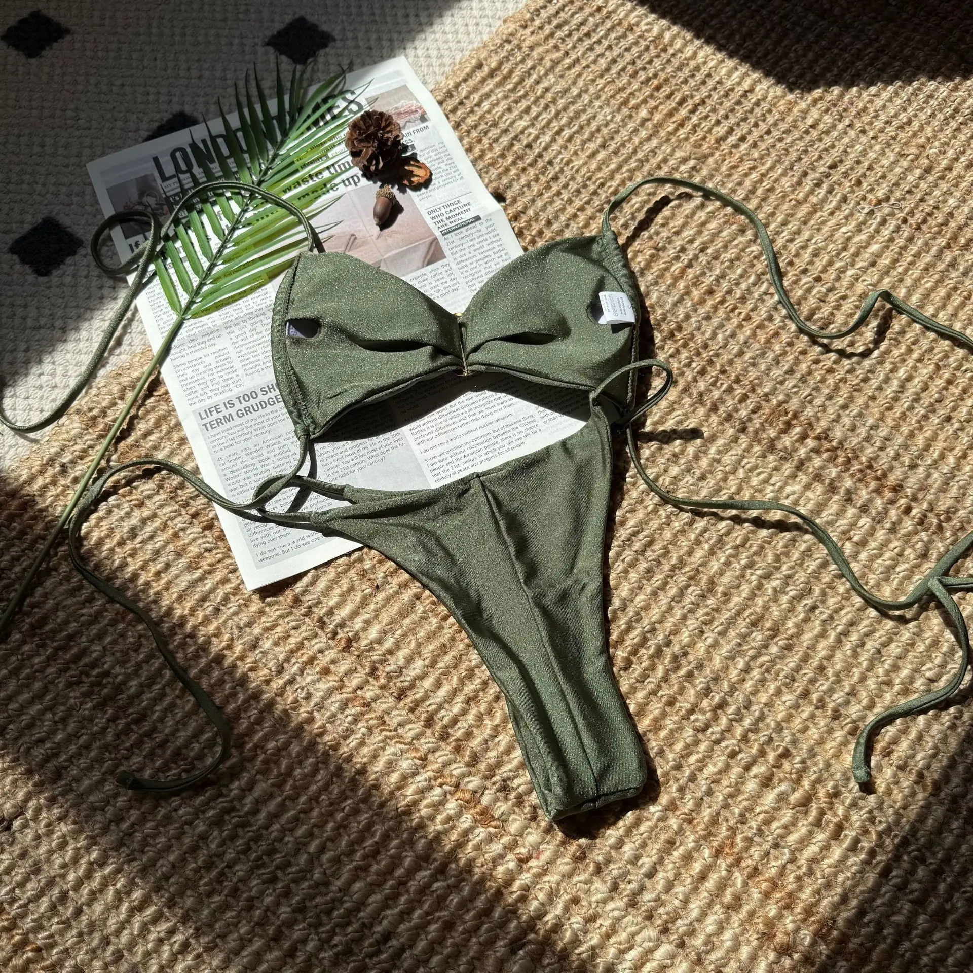 2025 new solid color nylon glossy neck women's bikini beach swimsuit