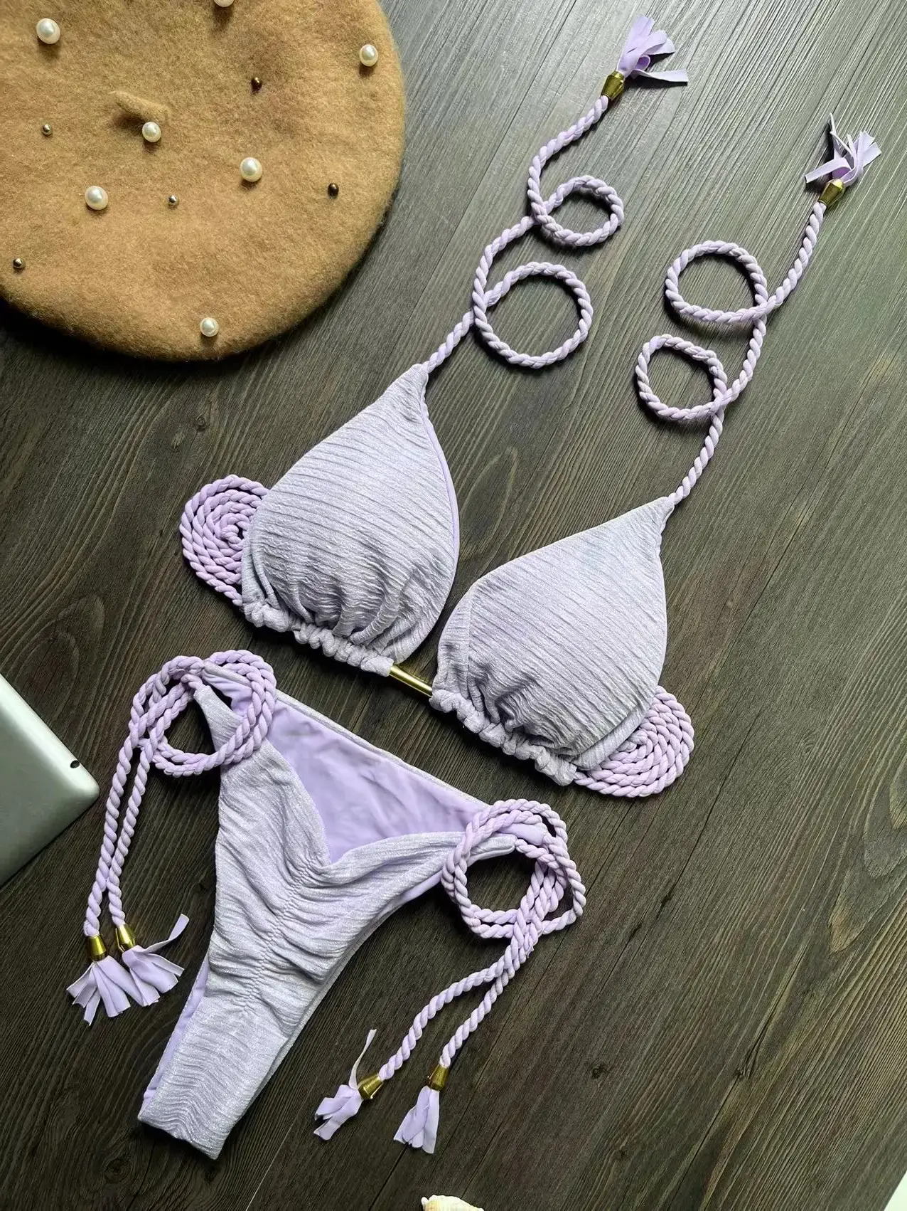 2024 women's braided rope bikini suit, brazilian swimsuit, beach bikini, sexy strap,